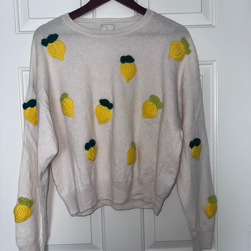 Joie Cashmere Crewneck Sweater with Yellow Lemon Embroidery